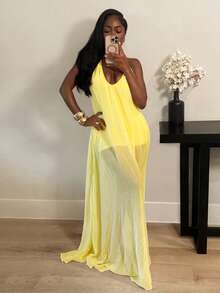 BamGleam Đầm chiffon mỏng màu vàng nhạt dáng rộng, không tay, cổ chữ V, hở lưng, thích hợp cho kỳ nghỉ hè, dành cho nữ, năm 2026. - Vàng nhạt - Xem 1