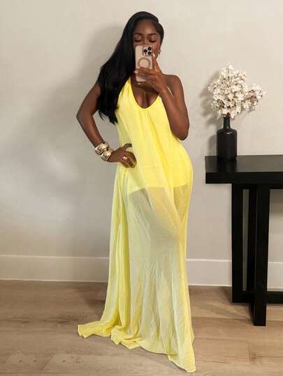 BamGleam Đầm chiffon mỏng màu vàng nhạt dáng rộng, không tay, cổ chữ V, hở lưng, thích hợp cho kỳ nghỉ hè, dành cho nữ, năm 2026.