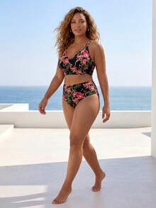 ELLERISSA Plus Size Multicolor Floral Print High Waist Cross Strap Back Bikini Set - Multicolor - View 4
