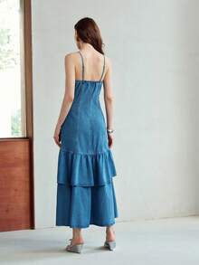 MOTF PREMIUM Đầm denim nữ không tay, viền bèo nhún, mùa xuân/hè - Màu xanh lam - Xem 3