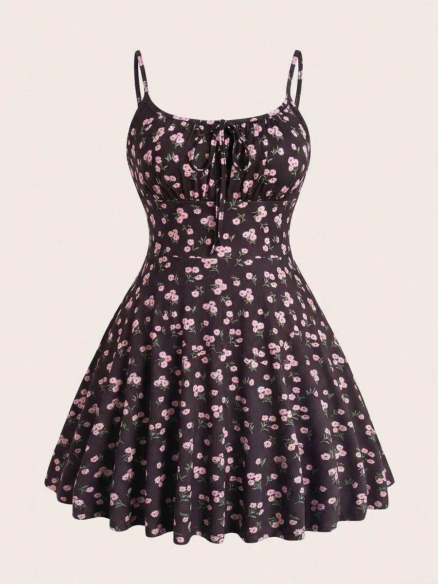 SHEIN EZwear 性感巧克力棕色针织紧身迷你连衣裙,细肩带,夏季 - 巧克力棕 - 查看 1