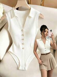 SHEIN Franclia Bộ áo liền quần gợi cảm kiểu Âu Mỹ với ve áo trang trí và khuy cài, giúp thon gọn vòng eo, thích hợp cho nữ, thích hợp mặc mùa xuân/hè, không tay, phù hợp cho trang phục mùa xuân, mùa hè, đi nghỉ mát, dã ngoại, phong cách Y2K, xuân hè, tựu trường, thường ngày, đi biển, công sở, đa năng, gợi cảm, áo liền quần màu trắng dành cho nữ. - trắng - Xem 1