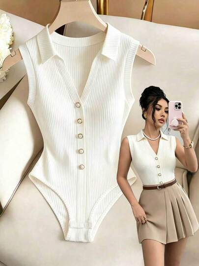 SHEIN Franclia 欧美时尚翻领装饰纽扣设计修身性感连体衣，女士春夏连体衣，无袖上衣，春季穿搭，夏季服装，度假，外出，Y2K风格，春季，夏季，返校，休闲，海滩，商务，百搭，性感，女士白色连体衣