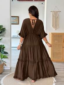 Vionelle Plus Size French Style Solid Color Romantic Boho Ruffle Trim Regular Dress, Spring/Summer Beach Brown - Brown - View 2