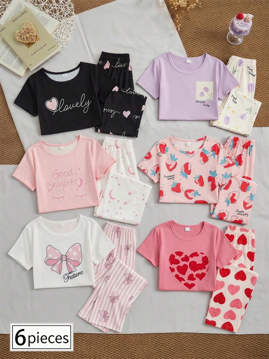 6件套女童爱心草莓郁金香印花睡衣套装,休闲家居服 - 彩色 - 查看 1