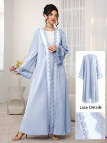 Al Najma Elegante bata abaya con adorno floral, adecuada para primavera y verano - Azul - Ver 4