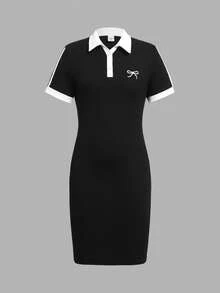 SHEIN Vestito casual quotidiano per ragazze pre-adolescenti, con colletto a contrasto bianco e nero, aderente, con ricamo a farfalla e cintura - nero - Visualizzare 5