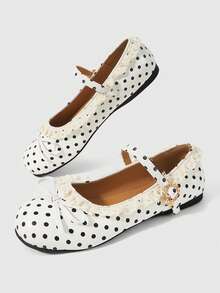 ROMWE Kawaii Women's Fashionable & Sweet Lace Trim Bow Decor Flats For Christmas - White + polka dot - View 2