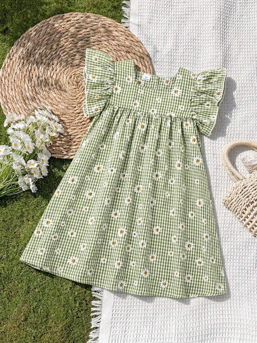 Vintaside Kids 女童夏季甜美清新雏菊印花荷叶边A字连衣裙,宽松版型,适合日常外出、休闲聚会、夏季野餐等场合。 - 彩色 - 查看 1