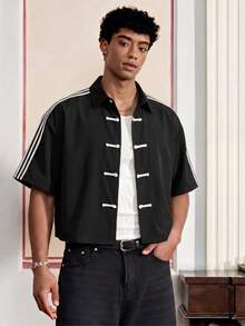 SWAVVY Men's Casual Patchwork Short Sleeve Shirt, Versatile For Daily Wear - Black - View 7