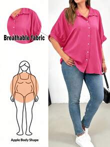 Shapeblank Kemeja Kancing Wanita Ukuran Besar Warna Pink Cerah, Blus Kerja Kasual Cerdas Musim Panas Sehari-hari, Atasan Guru Longgar dan Nyaman, Gaya Musim Semi Dasar yang Sederhana dan Serbaguna - Hot Pink - View 5