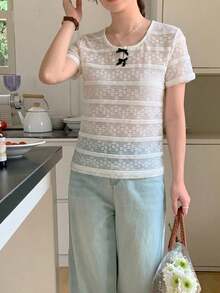 DAZY Women's Summer Round Neck Textured Fabric Contrast Color Bow Decor Casual Pullover T-Shirt - White - View 4