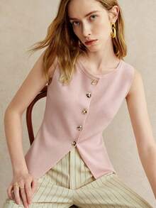 Pariaura Blusa de punto sin mangas con botones delanteros de unicolor para mujer - Rosa Pálido - Ver 3
