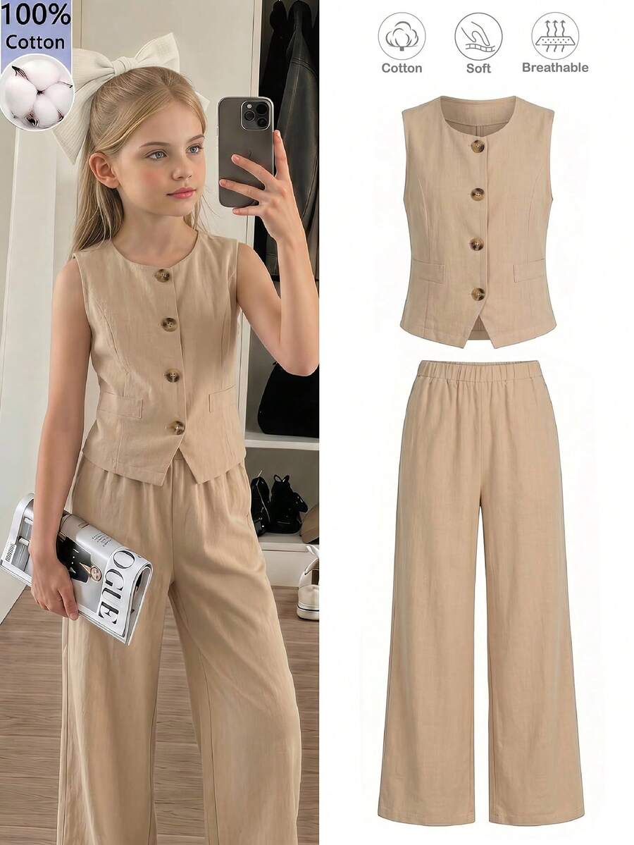 SHEIN Elladie kids 少女优雅校服两件套，100%纯棉无袖背心上衣搭配阔腿裤，棕色夏季西部风格校服，适合度假穿着
