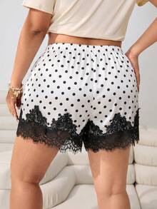 Solflare Pantalones cortos sueltos con cordón, de talla grande, con parches de lunares y encaje, para verano - Negro - Ver 2
