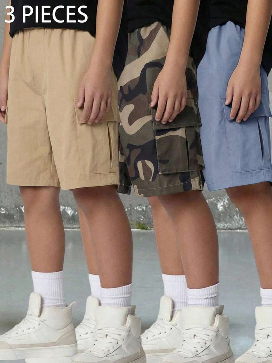 SHEIN 3件套儿童/青少年男童休闲宽松迷彩印花短裤,蓝色短裤,卡其色短裤,舒适运动套装,适合春夏季节、郊游、约会、旅行、度假、家庭聚会、返校、婚礼、派对、运动、生日等场合。 - 霧霾藍 - 查看 1