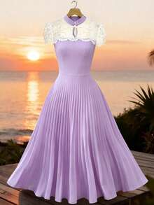 SHEIN Clasi Stand Collar Lace Fabric Splicing Contrasting Color Waist Cinching Elegant Casual Women's Pleated Dress Wedding Dinner White Summer - Multicolor - View 8