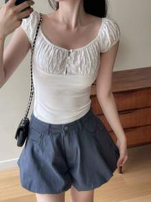 DAZY Quần short denim nữ dáng phồng, buộc dây, kiểu dáng thường ngày, mang đến vẻ trẻ trung. - Xám - Xem 3