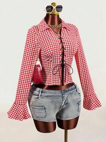 Mistrie Women's Sexy Cottage Core Retro V-Neck Eyelet Lace-Up Long Sleeved Plaid Shirt With Front And Middle Straps Ruffle Sleeves Design Picnic Oktoberfest - Red and White - View 6