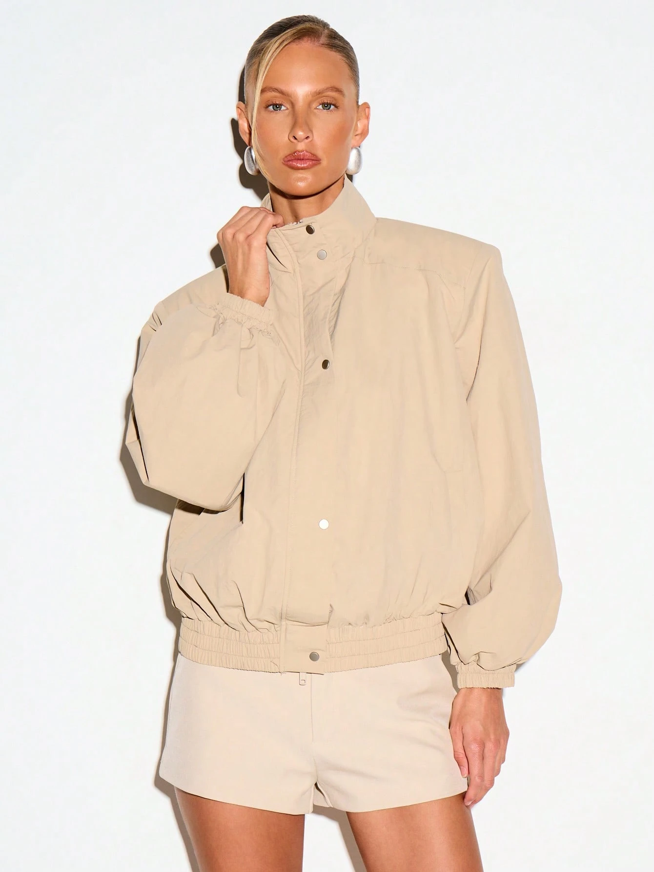 Funnel Neck Windbreaker Jacket With Shoulder Pads