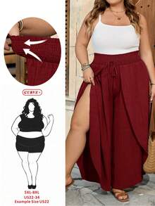 SHEIN CURVE+ Quần ống loe dáng suông, size US22, thích hợp cho các lễ hội âm nhạc, kỳ nghỉ biển, phong cách bohemian, màu trơn, thời trang thường ngày, phù hợp mặc mùa hè. - Màu Đỏ Sâu - Xem 1