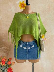 Soleia Lime Green Summer Boho Breezy European Jamican Tropical Sexy Vacation 2-In-1 Off Shoulder Fringe Knit Sweater Top Beach Music Festival - Green - View 4