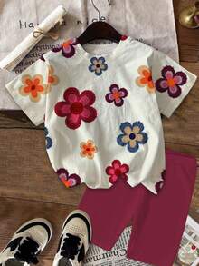 少女休闲简约创意可爱波点印花复古红色短袖T恤短裤两件套，舒适春夏风格，图案可爱，千禧年风，柔软舒适，轻松百搭，适合女孩夏季穿着。 - 彩色 - 查看 2