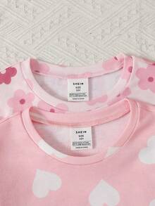 SHEIN 青少年女孩休閒簡約修身舒適圓領短袖長褲居家服套裝，4件組，甜美可愛愛心印花、花卉印花，適合春夏，青少年女孩 - 淺粉色 - 查看 4
