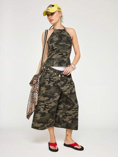 COUREZ Denim Camo Halter Top/ Y2K Summer Outifts For Women Sleeveless Tops Casual Outfits Going Out Outfits Festival Outfits Summer Clothes For Women