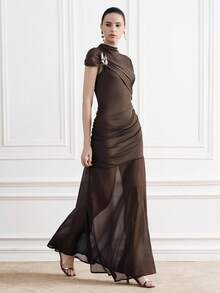 Aveloria Modichic Women's Metal Buckle Ruched Single Sleeve Sheer Mesh Patchwork Waist Dress, Suitable For Evening Parties, Fashion Shows, And Upscale Gatherings - Brown - View 6
