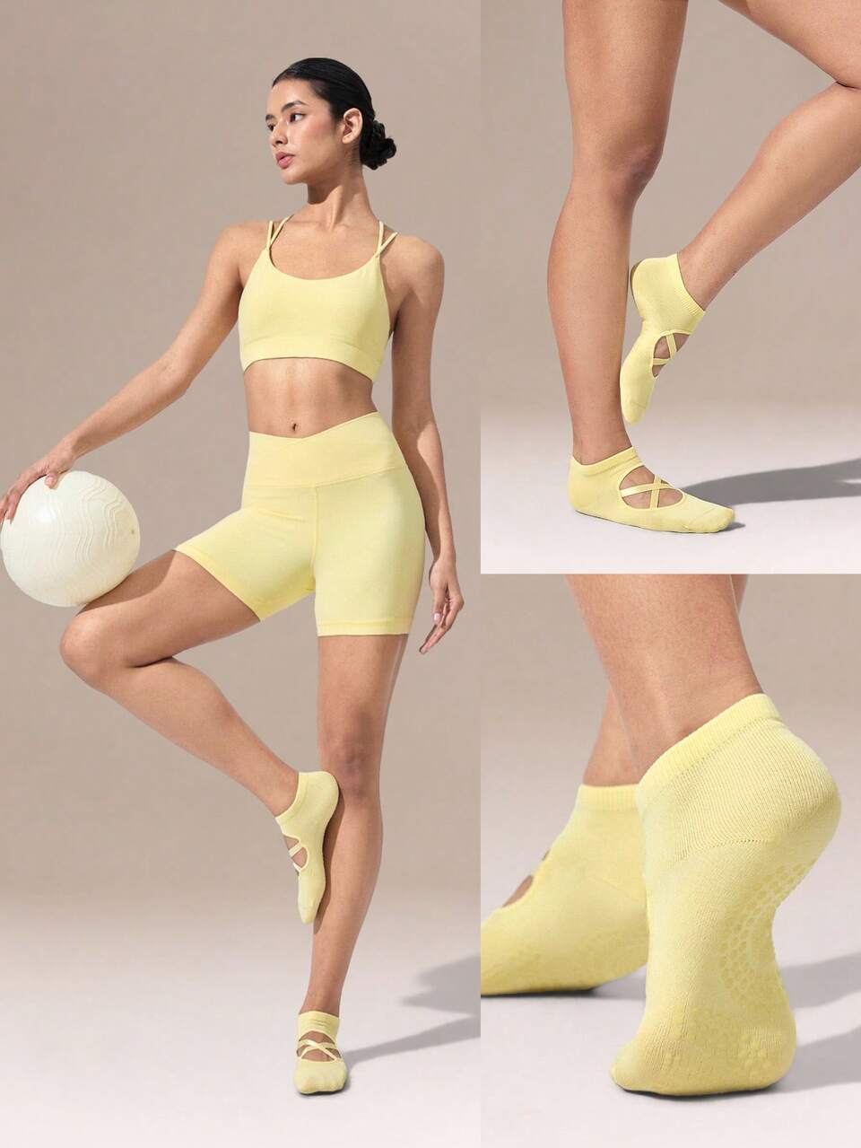 3 Pairs Anti-Slip Grips Strappy Seamless Toe Construction Ankle Yoga Pilates Black Socks