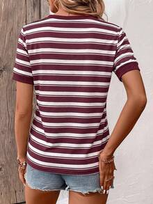 EMERY ROSE White And Burgundy Striped Digital Print Oversized Casual Women T-Shirt, A Gift For Friends Everyday Summer - Multicolor - View 2