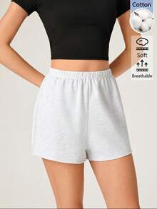 SHEIN BASICS 女款戶外運動休閒基本款寬鬆鬆緊腰短褲 夏季居家健身運動輕灰色居家運動短褲 - 灰色 - 查看 5