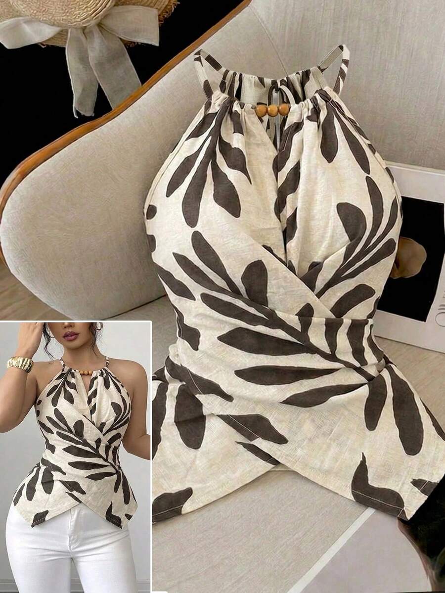 SHEIN Clasi Women's Elegant Leaf Print Halter Neck Tank Top,Beige Summer Boho Vacation Holiday Sleeveless Bow Tie Wood Bead Asymmetric Hem Criss-Cross Slim Top - Apricot - View 1
