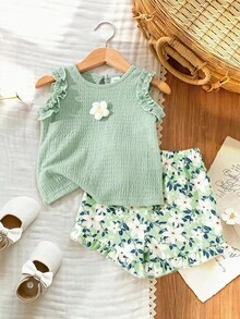 SHEIN Vintaside Kids Set Rompi dan Celana Pendek Jacquard Lucu untuk Bayi Perempuan, Musim Semi/Panas - MultiWarna - View 8