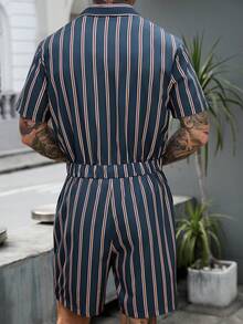 Manfinity Homme Men's Striped Printing Front Button Pocket Short Sleeve Jumpsuit - Multicolor - View 2