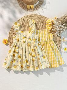 Cozy Pixies Bộ 2 váy dệt kẻ caro cho bé gái, họa tiết ong hoạt hình dễ thương, cổ bèo nhún, kiểu dáng thường ngày. - Nhiều màu - Xem 2