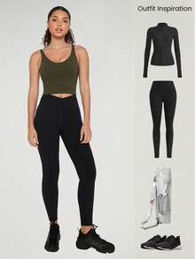 GLOWMODE FeatherFit™ Short Tank Top With U-Back, For Low-Impact Activities Like Yoga And Everyday Wear In Autumn And Winter - Army Green - View 9