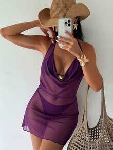 Swim SXY Ensemble 3 pièces à imprimé floral : Top de bikini à col ras-du-cou avec nœud devant, robe paréo avec dos découpé, maillot de bain sexy pour femmes - Prune - Voir 1
