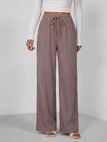 SHEIN Tall Celana Panjang Longgar dengan Tali Serut di Pinggang, Bahan Bertekstur Kerut, untuk Wanita Tinggi - Purple - View 3