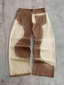 AXEPEAK Men's Pockets Button Patchwork Contrast Color Washed Retro Streetwear Denim Jeans Holiday Beige Summer - Brown - View 2