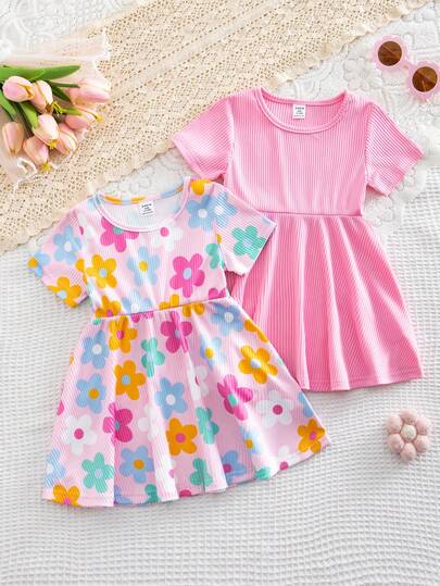 SHEIN 2件套可爱彩色碎花女童短袖连衣裙，舒适日常穿搭，夏季