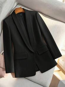 Lumivelle Áo khoác blazer nữ thời trang cổ shawl không cài cúc, kiểu dáng thường ngày. - màu đen - Xem 7