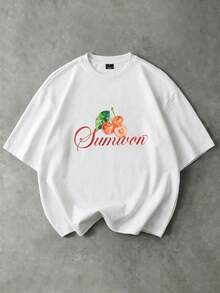 SUMWON Cherry Print Summer Script Short Sleeve Crew Neck Regular Fit Tee Casual Graphic Design Fruit Motif Everyday Wear - White - View 1