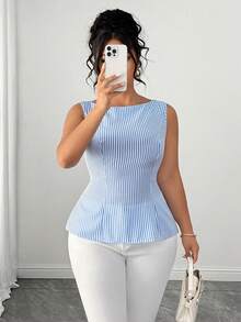 Elenzga Camisa de Moda Listrada sem Mangas Plus Size para Mulheres - Azul e Branco - Visão 5