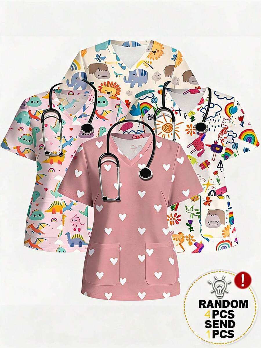 PopScrub Casual Minimalist Cute Heart Print Pattern Scrub Top - Multicolor - View 1