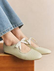 Rosivie French Elegant Commuting Round Toe Lace-Up Woven Flat Shoes For Women For Christmas - Light khaki - View 12