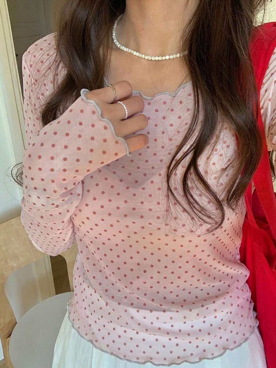 DAZY 女士波点薄纱长袖圆领打底衫,春夏款 - 粉色 - 查看 1