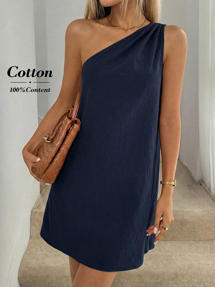 Easowa Vestido Casual Curto Feminino de Cor Sólida com Gola Assimétrica e Sem Mangas, Verão - Azul Marinho - Visão 1