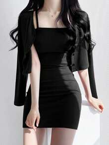 DAZY Women Solid Color Simple Daily Wear Jacket And Cami Skirt Set Summer,Women Two Pieces Sets - Black - View 2